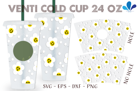 Smiley Daisy Flower Venti Cup Wrap SVG for Crafts & Graphics
